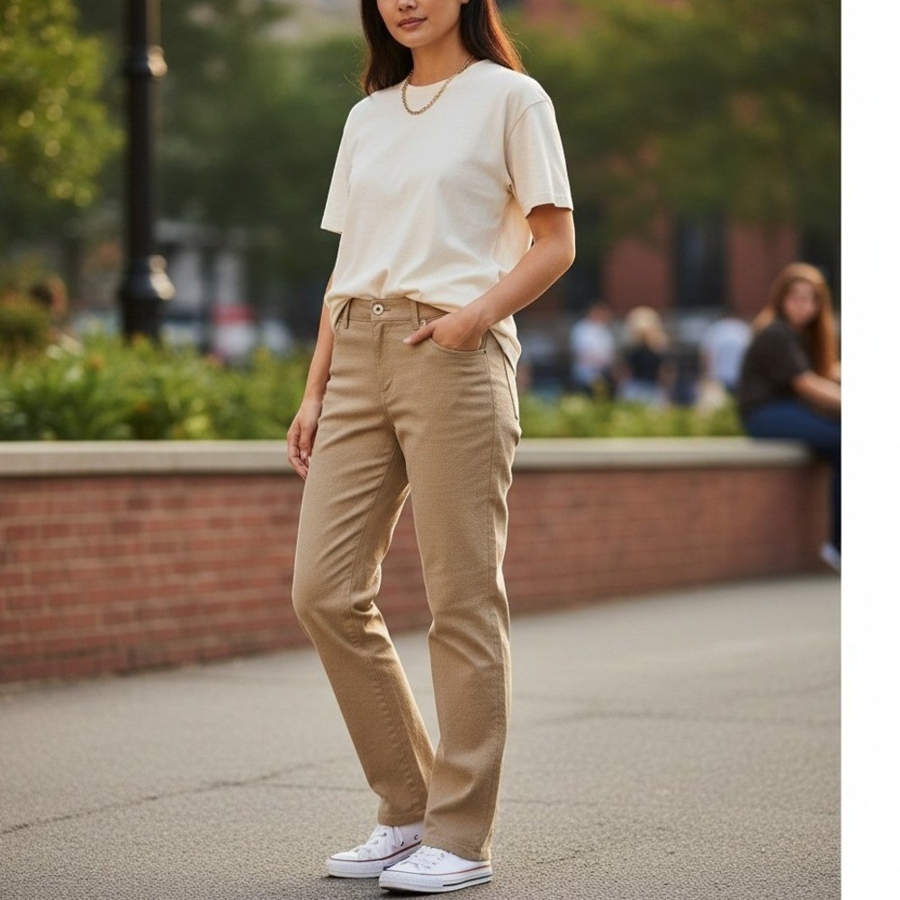 Chico's Women Tan Faux Suede Straight Leg Stretch Pants Size 3 R US 16 Soft Fall